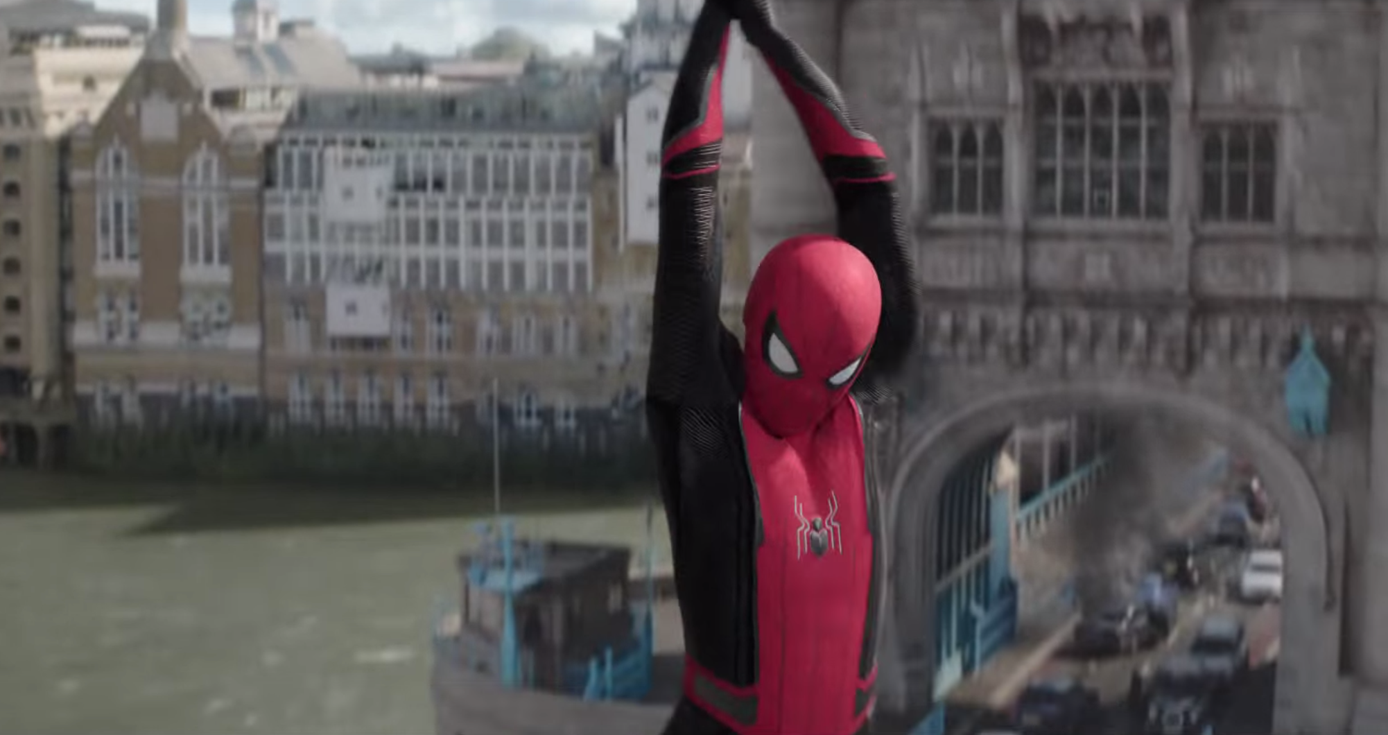 Spider-Man: Far From Home trailer still featuring Spidey hanging from a building in Venice.