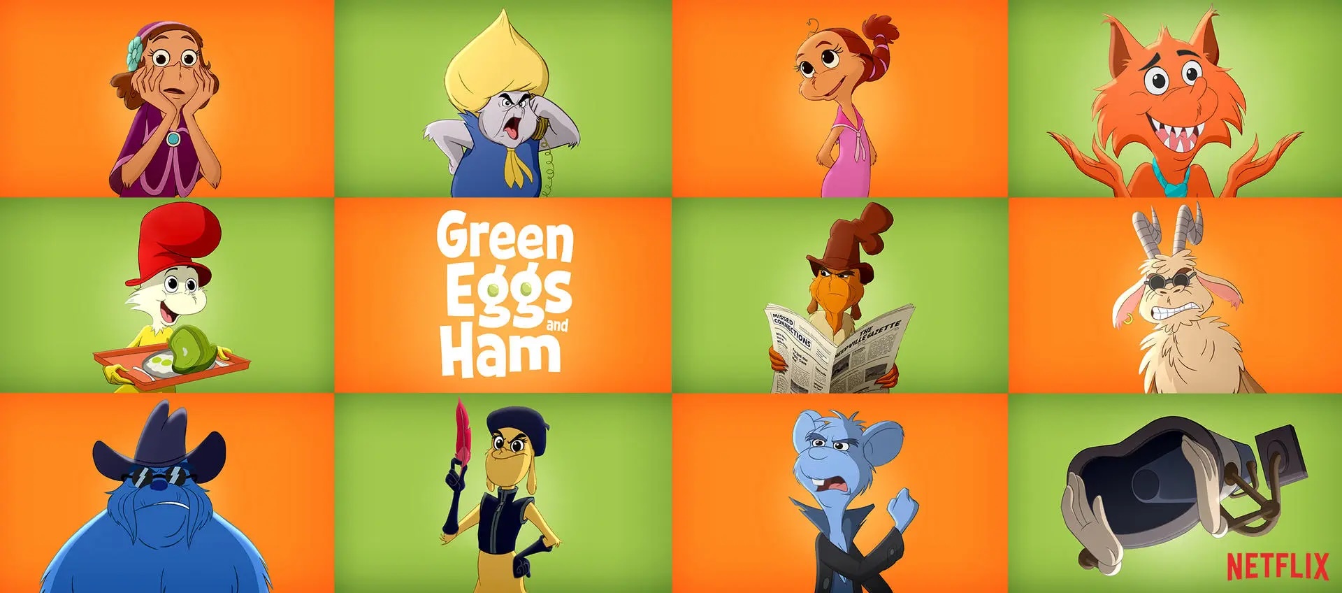 Green Eggs and Ham promo still featuring Dr Seuss characters on a checkered green and orange background