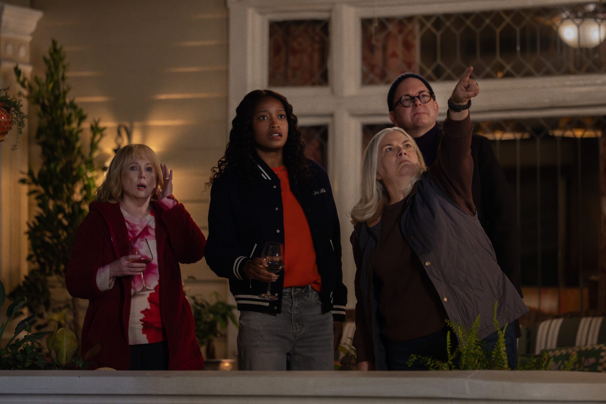 THE 'BURBS -- Pictured: (l-r) Julia Duffy as Lynn, Keke Palmer as Samira, Paula Pell as Dana, Mark Proksch as Tod -- (Photo by: Elizabeth Morris/PEACOCK)