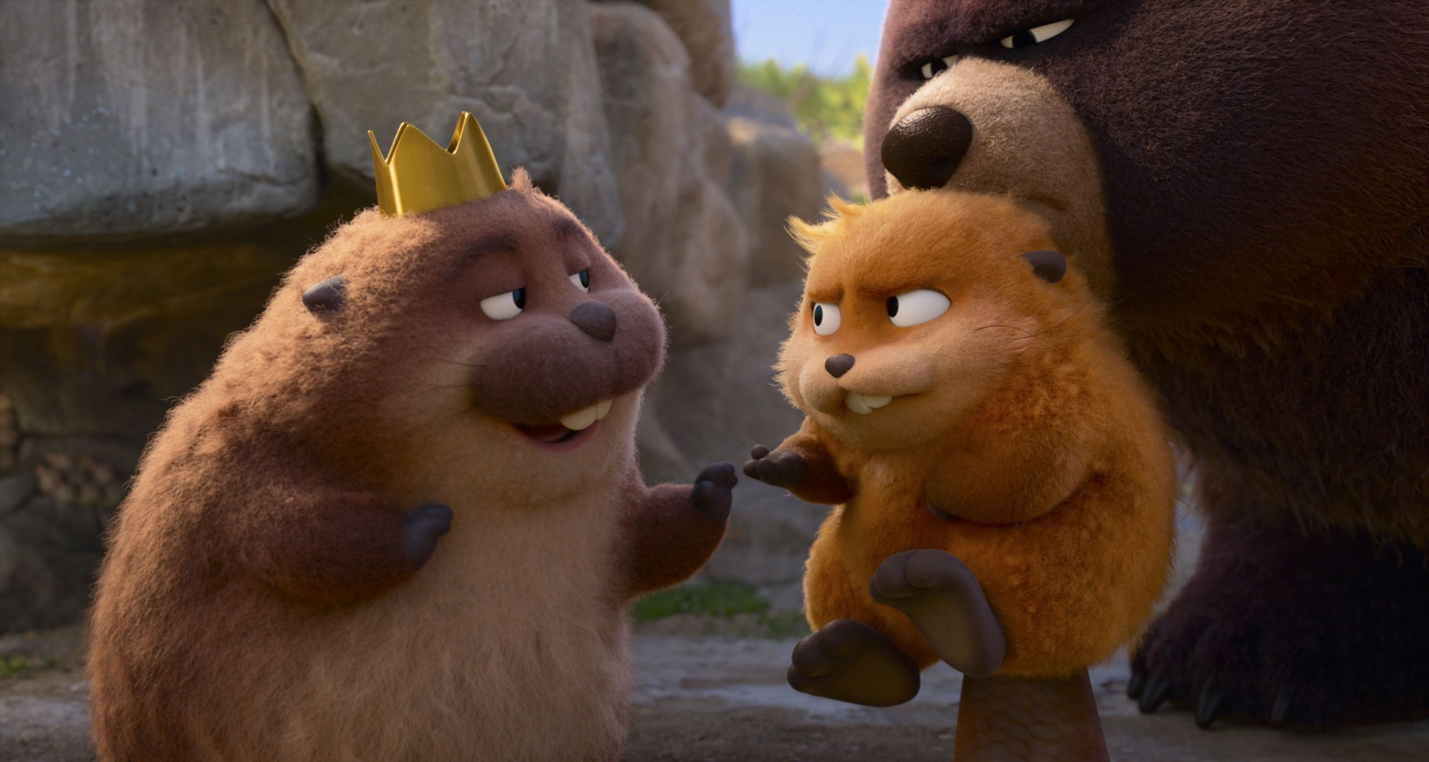 Caption (L-R): King George, Mabel Beaver, and Ellen Bear in Disney and Pixar's HOPPERS. Photo courtesy of Pixar. © 2026 Disney/Pixar. All Rights Reserved.