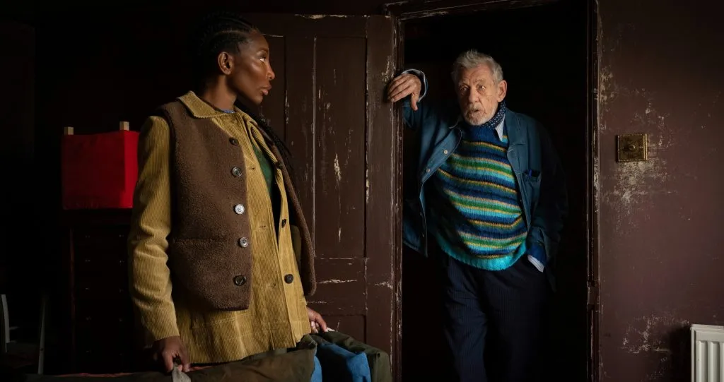 Michaela Coel and Ian McKellen in The Christophers (2025). Photo: Claudette Barius, courtesy of Neon.