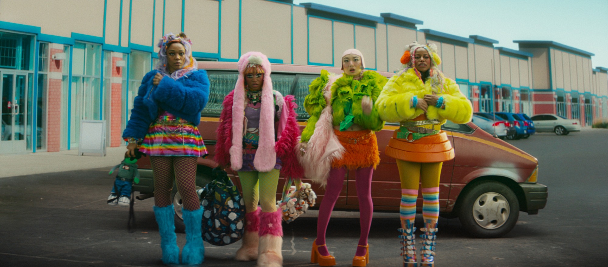 Left to right Naomi Ackie as Sade, Keke Palmer as Corvette, Poppy Liu as Jianhu , and Taylor Paige as Mariah standing in front of a care in Harajuki style fashion in the film I Love Boosters