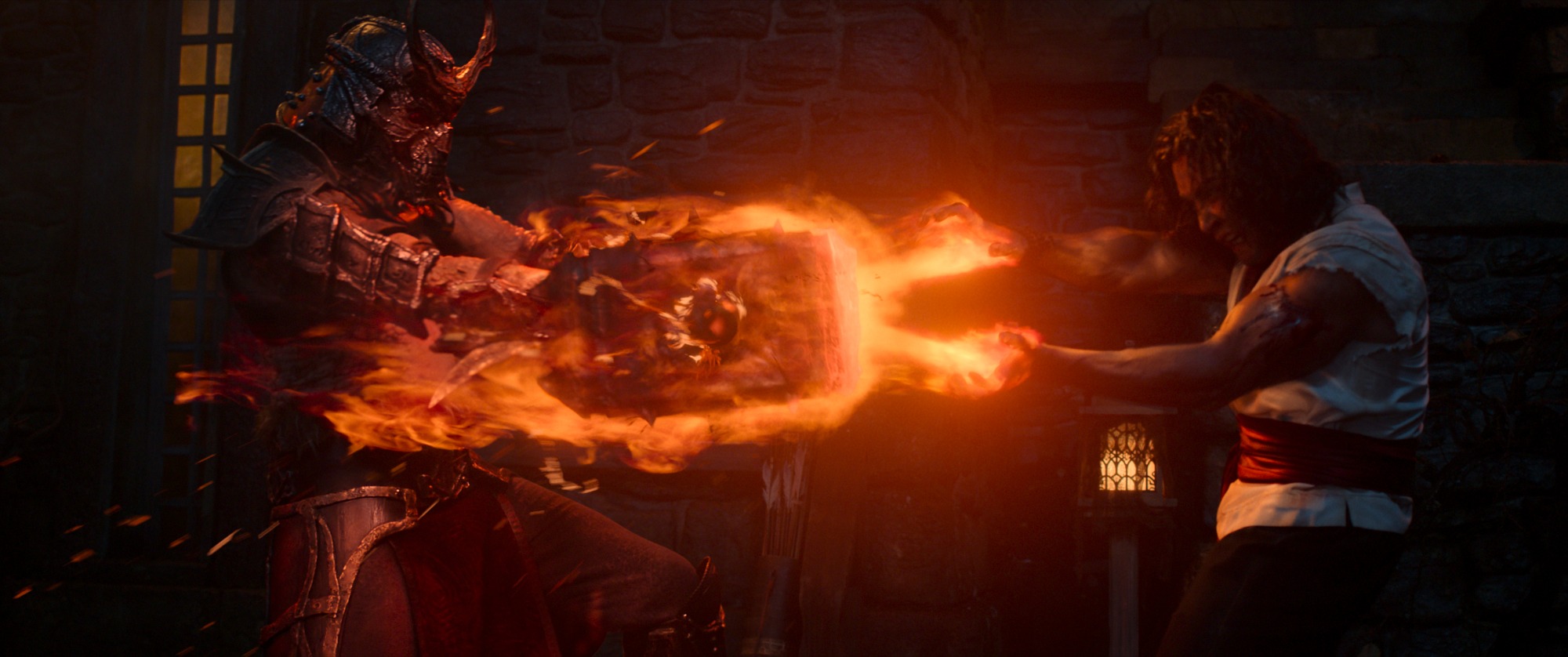 Caption: (L-R) Martyn Ford as “Shao Kahn” and Ludi Lin as “Liu Kang” in New Line Cinema’s “Mortal Kombat 2,” a Warner Bros. Pictures release.