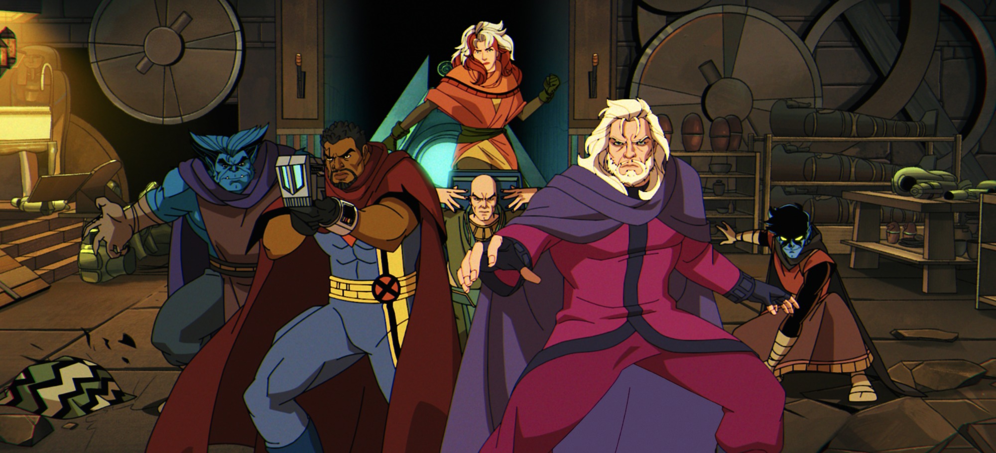 (L-R): Beast (voiced by George Buza), Bishop (voiced by Isaac Robinson-Smith), Rogue (voiced by Lenore Zann), Professor X (voiced by Ross Marquand), Magneto (voiced by Matthew Waterson), and Nightcrawler (voiced by Adrian Hough) in Marvel Animation's X-MEN '97 Season 2, exclusively on Disney+. Photo courtesy of Marvel. © 2026 Marvel. All Rights Reserved.