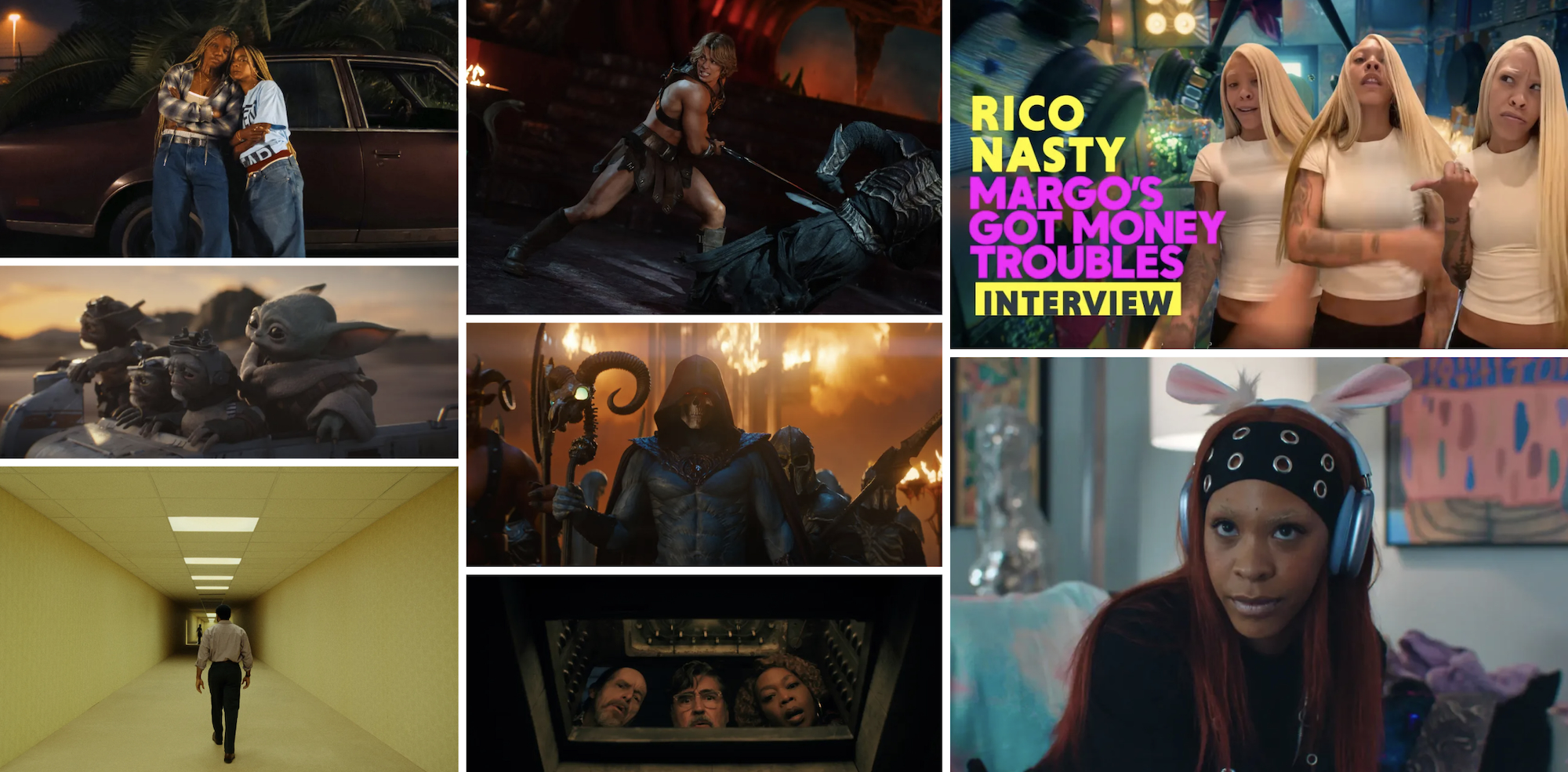 Geek Girl Riot episode collage featuring stills from Masters of the Universe, The Boroughs, Margo's Got Money Troubles, Backrooms, The Mandalorian and Grogu, and Is God Is